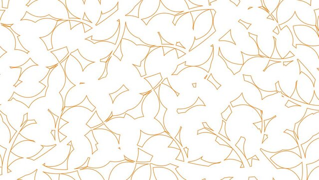 Animated linear floral background. Line orange leaves on branch is drawn gradually. Concept of gardening, ecology, nature. Vector illustration isolated on white background.