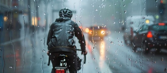 Portrait of a man riding a bicycle on a city street during heavy rain
