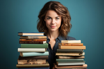 portrait of a beautiful young woman with a stack of books