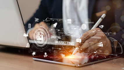 Digital marketing media (website ad, email, social network, SEO, video, mobile app) in virtual...