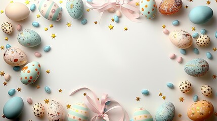Fototapeta na wymiar Festive Easter frame of ornately decorated eggs and spring flowers, with space for text, perfect for holiday greetings and invitations.