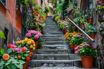 Fototapeta na wymiar A Serene Ascension: City Staircases Adorned with Vibrant Pots of Flowers Welcoming Spring's Embrace