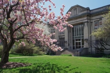 Obraz premium A Serene Spring Day at the City Library, Where Blooming Cherry and Apple Trees Adorn the Front Lawn