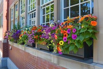 A Vibrant Display of Spring's Arrival: Municipal Office Building Adorned with Colorful Window Boxes Overflowing with Fresh Blooms