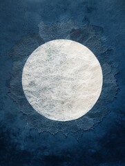 A painting featuring a stark white circle against a deep blue background