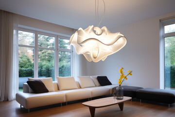 Sleek white ceiling lamp in spacious living room - obrazy, fototapety, plakaty