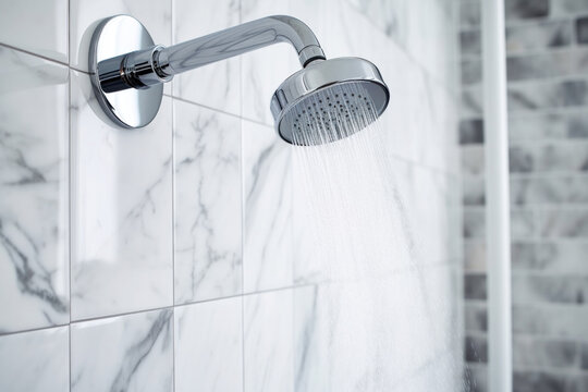 Chrome showerhead with water stream and marble wall