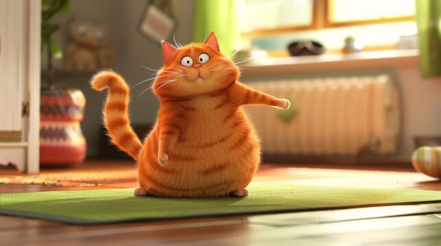 An orange Felidae cat with whiskers and tail is on a yoga mat in a room