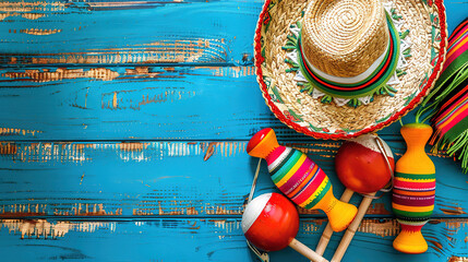 Spectacular Cinco de Mayo holiday background with Mexican party sombrero hat and maracas on blue wood - obrazy, fototapety, plakaty