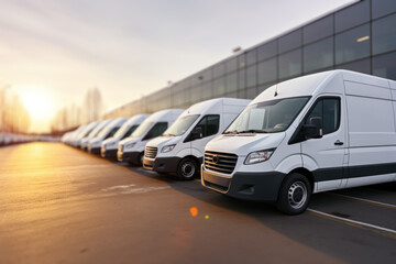 Row of new white cargo vans at a logistics center