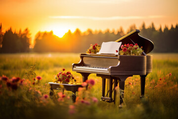 Sunset over piano with sheet music and flowers, serene mood