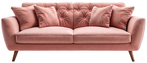 front view of a light pink sofa with cozy pillows isolated on a white background