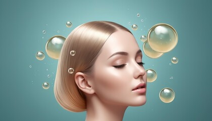 3d restore and nourish hair, scalp with shampoo, serum, treatment hair care, bubbles, oil liquid drop background - obrazy, fototapety, plakaty