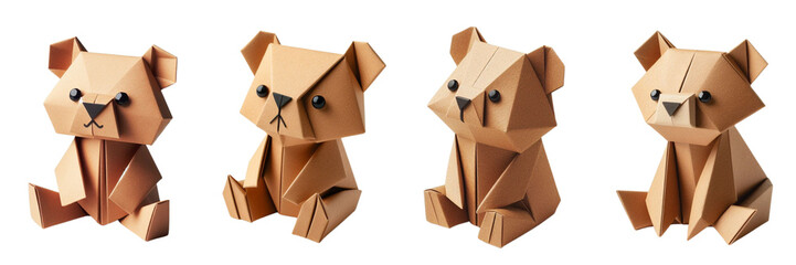 set of bear made from folded paper isolated on transparent background