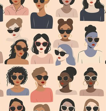 Diverse Beauty: A colorful illustration of women with different hairstyles and sunglasses celebrating unity in diversity