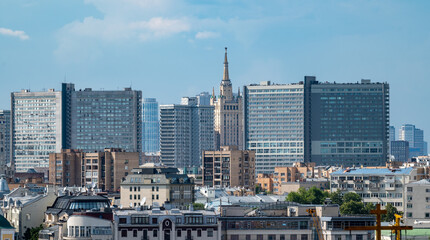 View of the Stalin high-rise on Kudrinskaya Square and the book houses on Novy Arbat in the center...