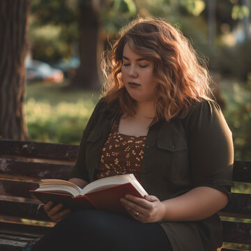 young plus size caucasian woman reading book and sit at the bench park. Golden hour lighting, dramatic shade