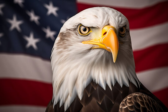 A bald eagle's proud gaze with the American flag in the background