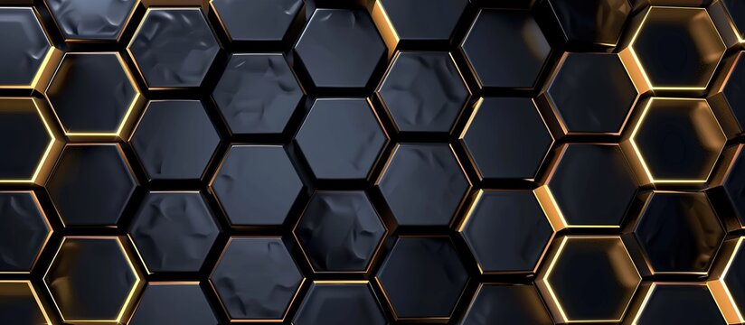Elegant hexagonal pattern with gold edges illuminating dark textured surfaces - a modern and luxurious backdrop © Яна Деменишина