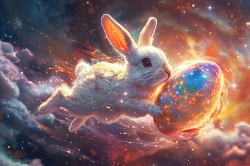 Fototapeta na wymiar Illustration of a bunny riding an Easter egg through space Playful and adventurous mood Soft, ethereal lighting adds magic