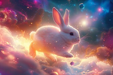 Illustration of a bunny riding an Easter egg through space Playful and adventurous mood Soft, ethereal lighting adds magic