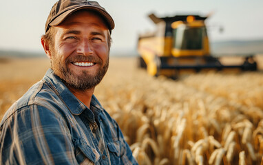 Portrait of happy white ethnicity man farmer stands in a wheat field and smiling. Adult man driver of agricultural combine harvester.