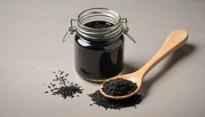 Black Cumin on spoon with oil in a jar on table