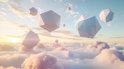 Dreamlike Sky: Floating 3D Polyhedrons Casting Shadows on Invisible Floor - obrazy, fototapety, plakaty