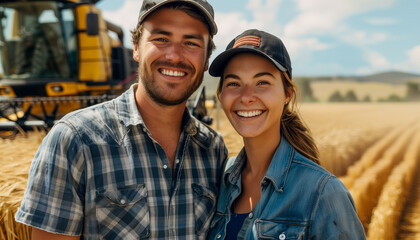 Obraz premium Happy young adult couple farmers, portrait in the wheat field in front of combine harvester.