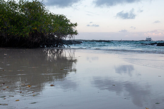 Puesta de sol en playa paradisíaca de Galapagos, ecuador