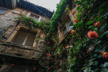 A Timeless Embrace: Ivy and Climbing Roses Adorn the Ancient Walls of a Quaint Old City Building, Signifying Nature's Persistent Beauty