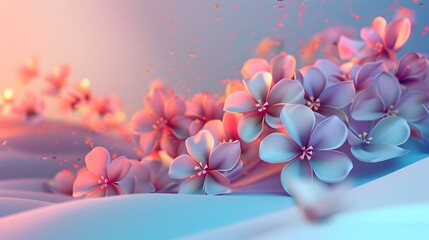 Fototapeta na wymiar Gradient Blue and Pink 3D Flowers Blooming in a Surreal Landscape