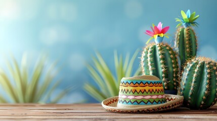 Wonderful Cinco de Mayo holiday background with Mexican cactus and party sombrero hat on wooden