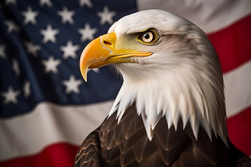 A bald eagle proud gaze with the American flag in the background