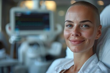 Radiant recovery: cancer survivor in white coat in hospital - obrazy, fototapety, plakaty