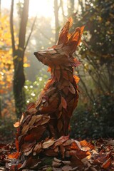 Autumnal Fox Sculptures Crafted From Fallen Leaves in Forest Light. Generative AI.

