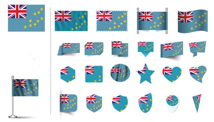 set of Tuvalu flag, flat Icon set vector illustration. collection of national symbols on various objects and state signs. flag button, waving, 3d rendering symbols