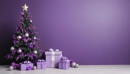 Christmas tree with gift box and ornaments in purple or violet composition for modern stage display...