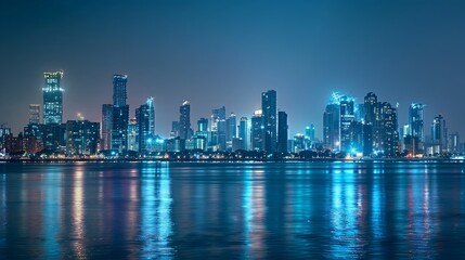 Fototapeta na wymiar Illuminated Modern Metropolis: Tranquil Nighttime Cityscape with Reflective Skyscrapers