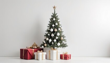 Christmas tree with gift box and ornaments in white composition for modern stage display and...