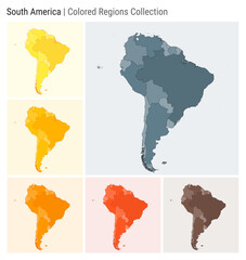 South America. Map collection. Continent shape. Colored countries. Blue Grey, Yellow, Amber, Orange, Deep Orange, Brown color palettes. Border of South America with countries. Vector illustration.