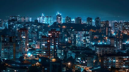 Blue-Lit Metropolis: Panoramic Night View of Illuminated Highrise Buildings and Residential Blocks in a Bustling City