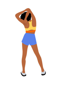 Sportive young woman doing fitness exercises at gym, at home back, rear view. Healthy lifestyle. Female flat vector character in workout positions isolated on transparent background.