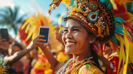 Joyful Filipino Woman Embracing Cultural Heritage while Taking a Selfie at a Vibrant Island Festival - obrazy, fototapety, plakaty