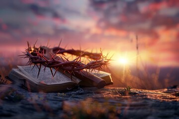 Crown of thorns, wooden cross and Holy Bible at sunset. Christian background, Easter concept