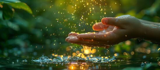 Splashing pure spring water on woman hands on green nature background. - obrazy, fototapety, plakaty