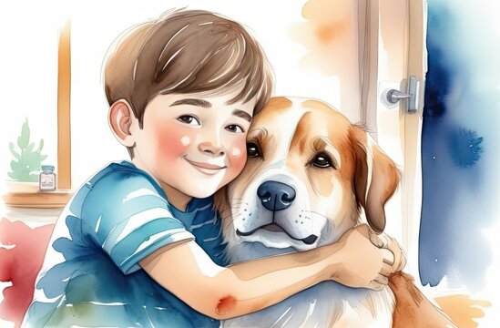 Little boy hugs his puppy portrait, boy look directly,watercolor style illustration.Friendship concept ,care and love for pets concept.