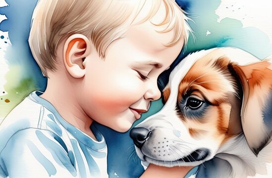 A touching watercolor-style scene captures a child's affection for their puppy, conveying the concepts of friendship and love for pets.Notebook Covers,T-shirts and Clothing,Posters for Kids' Rooms.