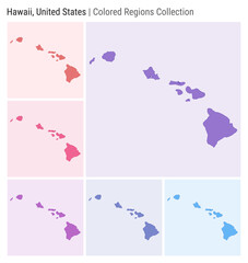 Hawaii, United States. Map collection. State shape. Colored counties. Deep Purple, Red, Pink, Purple, Indigo, Blue color palettes. Border of Hawaii with counties. Vector illustration.