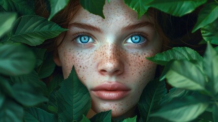 The banner. Portrait of a woman with blue eyes and freckles in green - obrazy, fototapety, plakaty